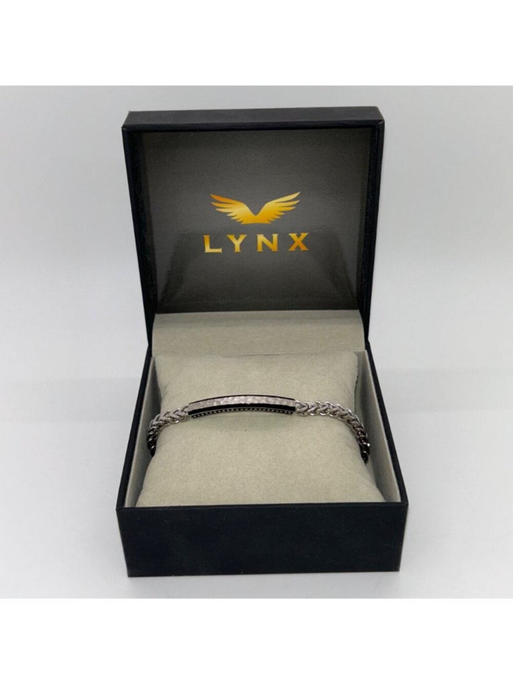 Lynx Mens Stainless Steel Hammered ID Plate Bracelet With Foxtail Chain In Gift - Picture 11 of 15